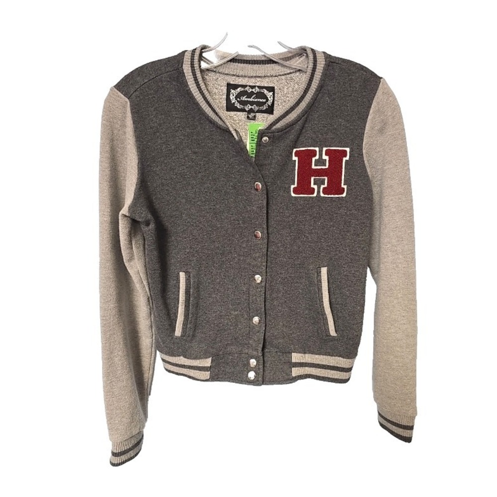 Ambiance Gray Varsity Letterman Jacket Snap Front Women's Small